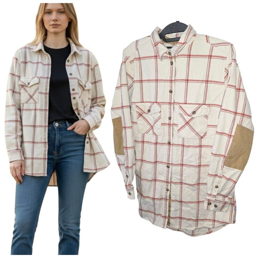 FJALLRAVEN OVIK Sz M Cream Red Plaid L/S Twill Elbow Patches Button  Logo Shirt